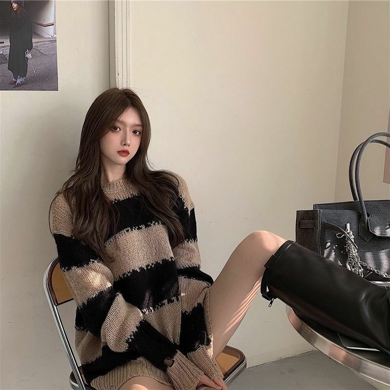 2022 Autumn Pure Desire Design Fashion All-match Striped Sweater Ripped Knitted Lazy Wind Top Long Outer Wear sweater