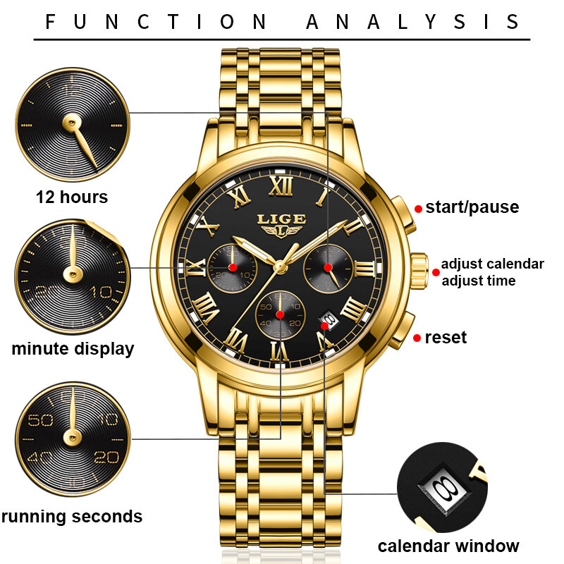 LIGE-캐주얼 스포츠 남성용 시계, 크로노그래프 스테인레스 다이버 시계, 큰 다이얼 쿼츠 시계, 야광