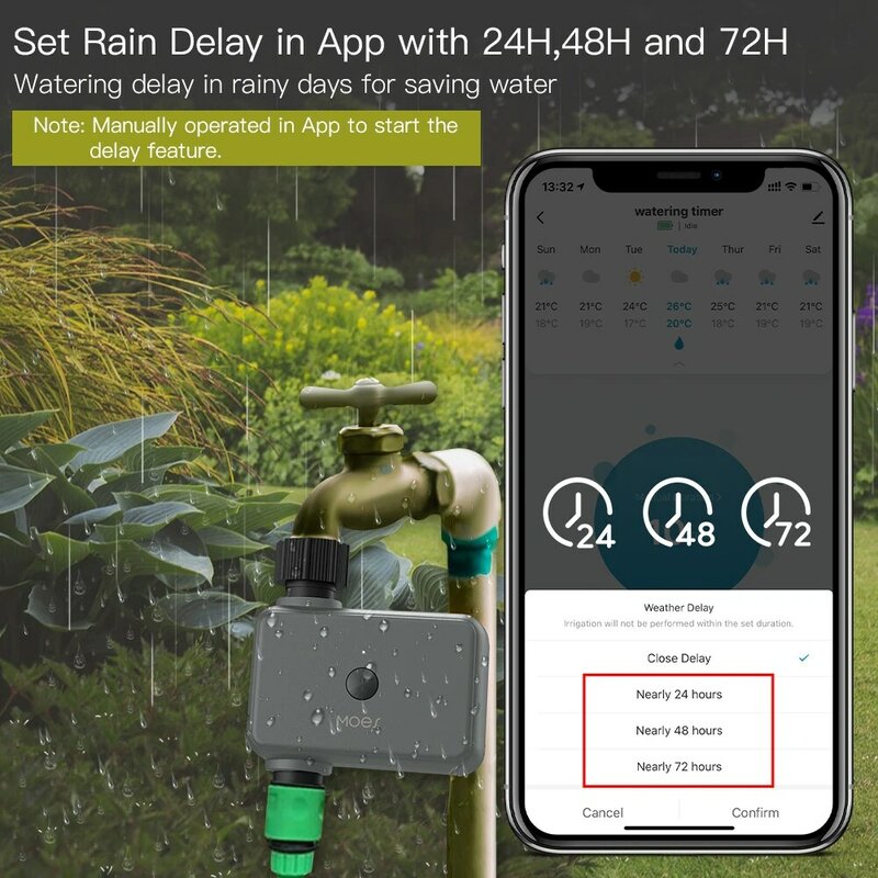 MOES-Smart Tuya Bluetooth Water Timer, Rain Delay, Temporizador de Irrigação Programável com Cubo de Rega Automático e Manual