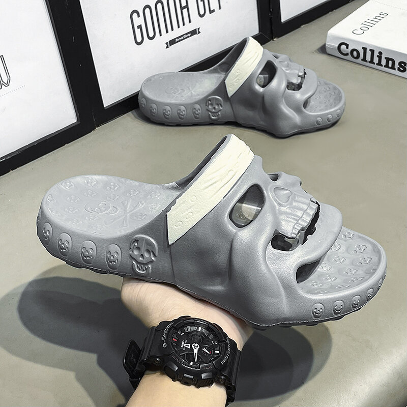 Zapatillas con diseño de calavera personalizadas para hombre y mujer, sandalias antideslizantes de playa con fondo grueso, divertidas, para verano, 2023