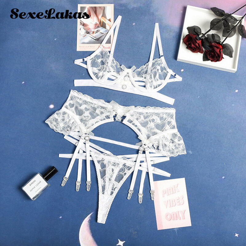 SexeLakas – ensemble de Lingerie en dentelle blanche transparente, sous-vêtements en maille Sexy, soutien-gorge et culotte tanga transparents pour le sexe, Porno