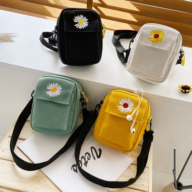 Women's Single Shoulder Bag Fashion Solid Color Casual Handbags Outdoor Daisy Canvas Handbag Zipper Crossbody Bag Messenger Bags