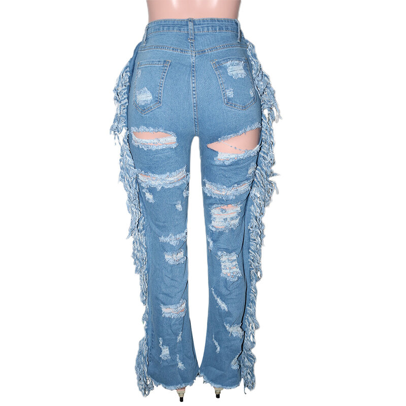 Damskie letnie nowe świetnie sprzedające się street SIN amerykańskie wysokiej talii poszarpane dziury dżinsy z frędzlami modne spodnie