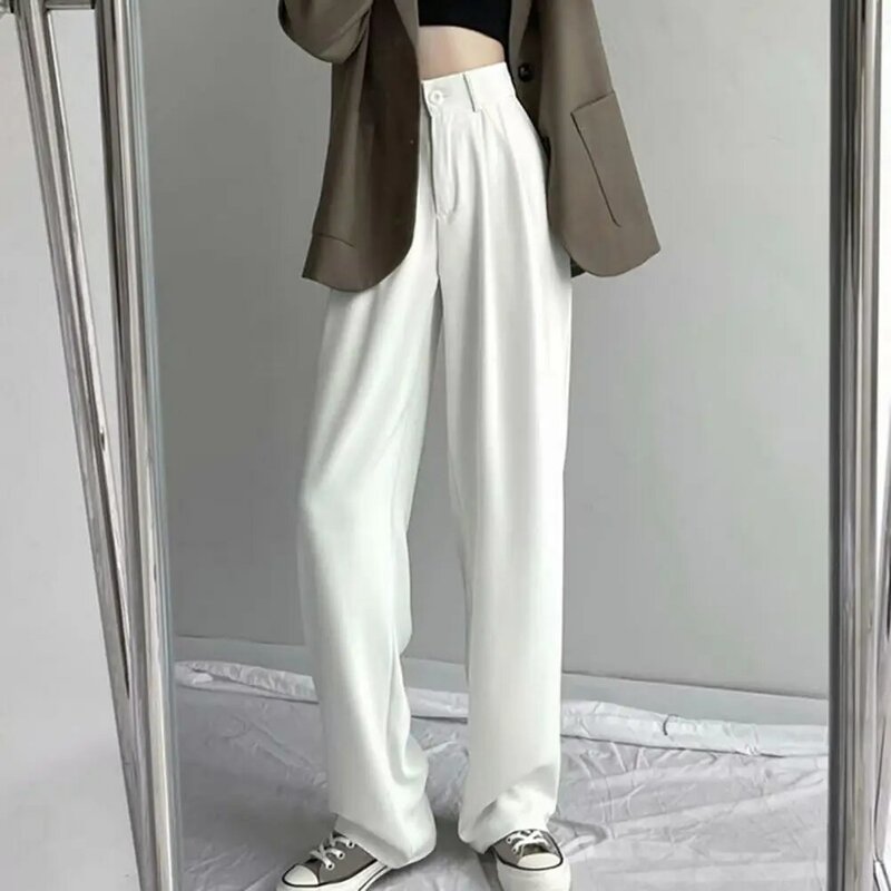 Business TrousersHigh Waist Buttons Fly Floor-Length Woman Pants Straight Wide Leg Draped Office Suit Trousers Workwear