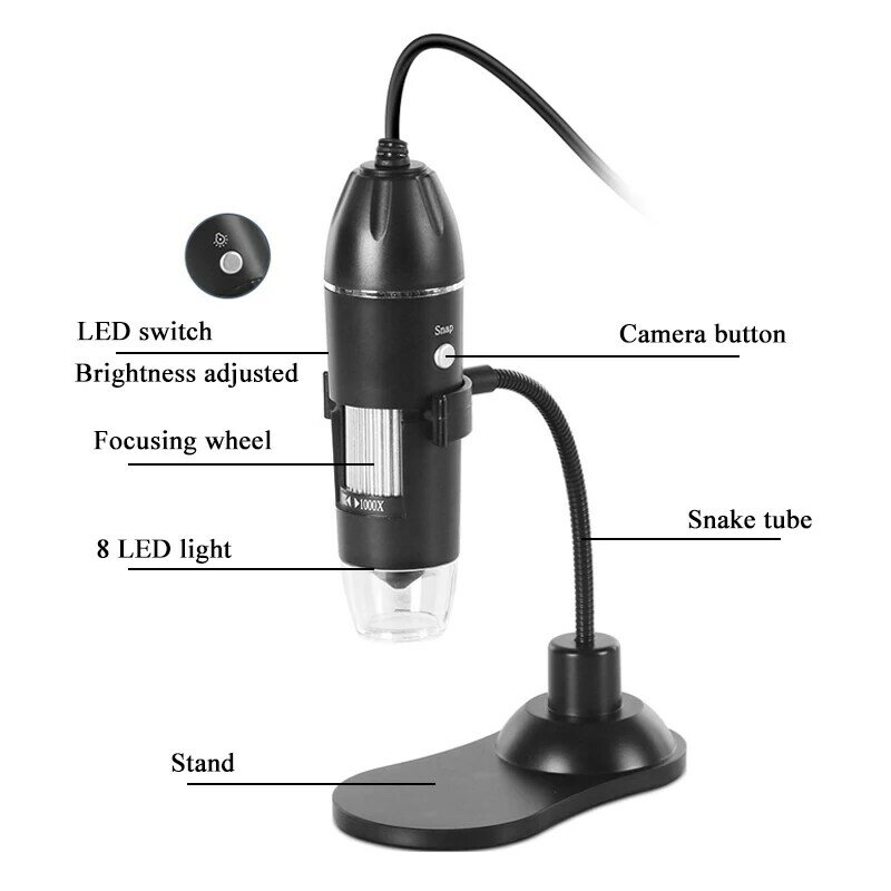 50X-1000X Mikroskop Digital Kamera USB dengan Pemegang Tabung Ular 8 LED Kaca Pembesar Elektronik Contect PC untuk Inspeksi Tekstil PCB
