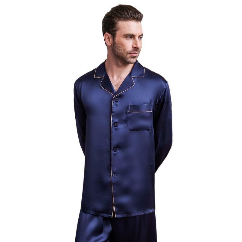 男性用シルクパジャマ,春夏コレクション,長袖Tシャツパンツ,ツーピースセット,100% シルキーワーム