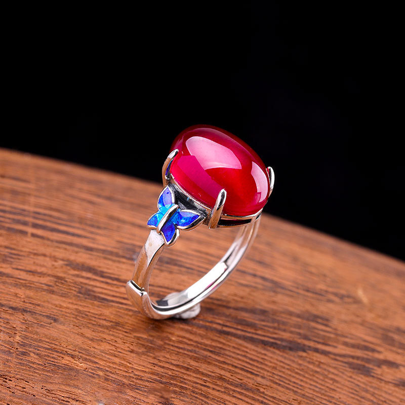 สีแดงหมั้นเคลือบสีฟ้าผีเสื้อแหวน925เปิด Vintage Classy จริงสีแดง Corundam Healing Stone แหวนเครื่องประดับ