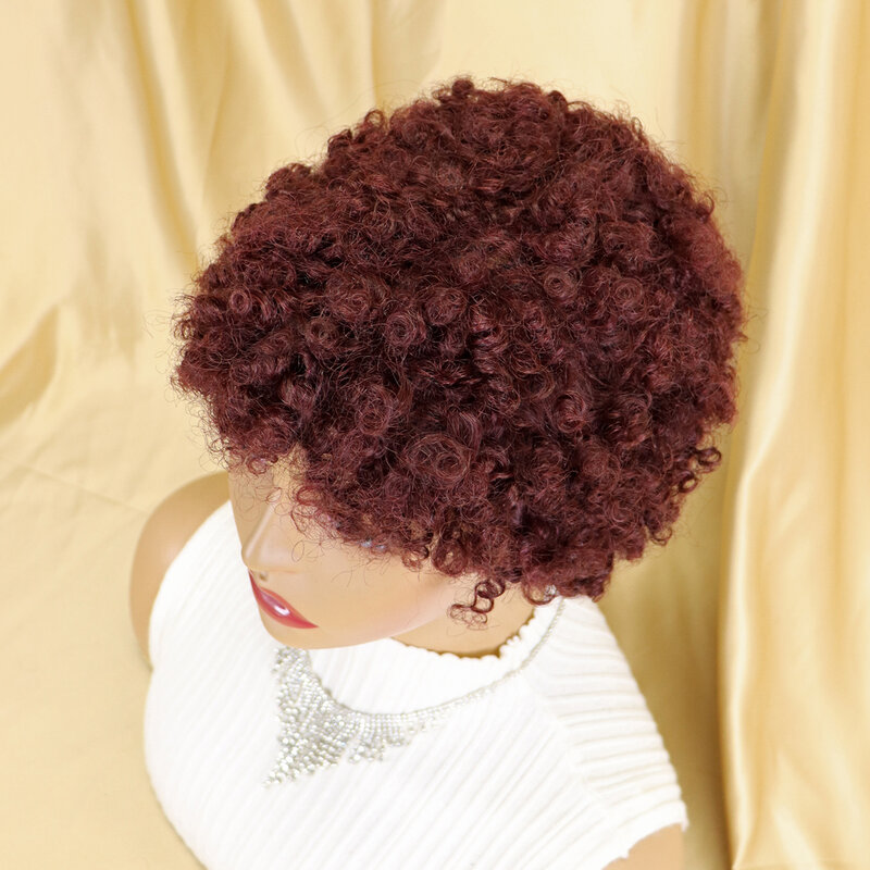 Perruque brésilienne Remy naturelle, cheveux courts bouclés, sans colle, Pixie, couleur noire, faite à la Machine, pour femmes