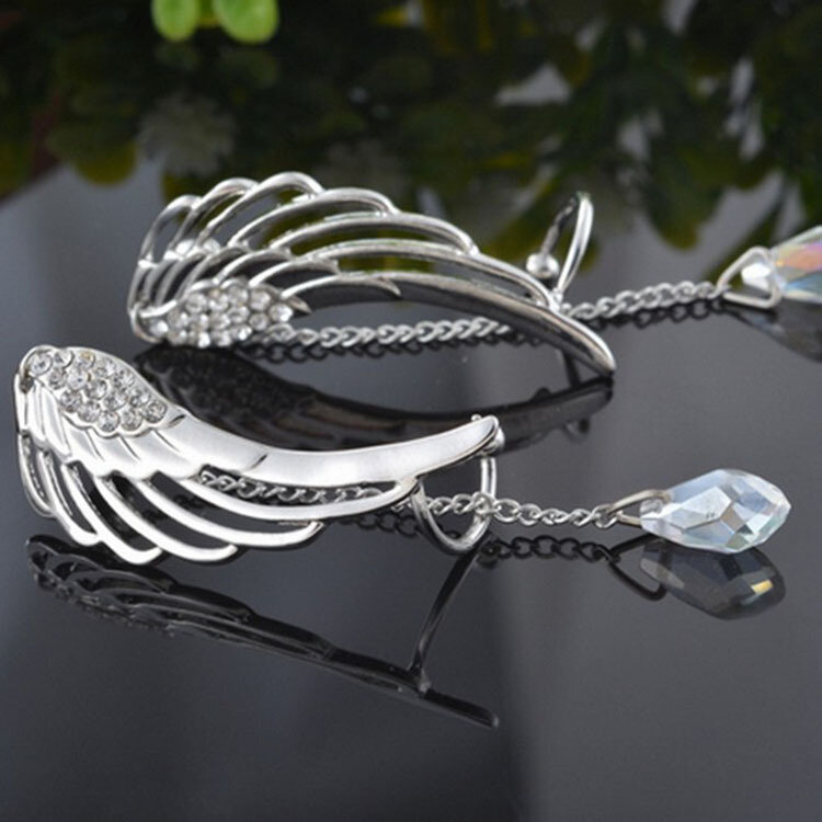 Boucles d'oreilles ailes d'ange flash diamant, clip d'oreille chaîne en cristal gland bijoux d'oreille