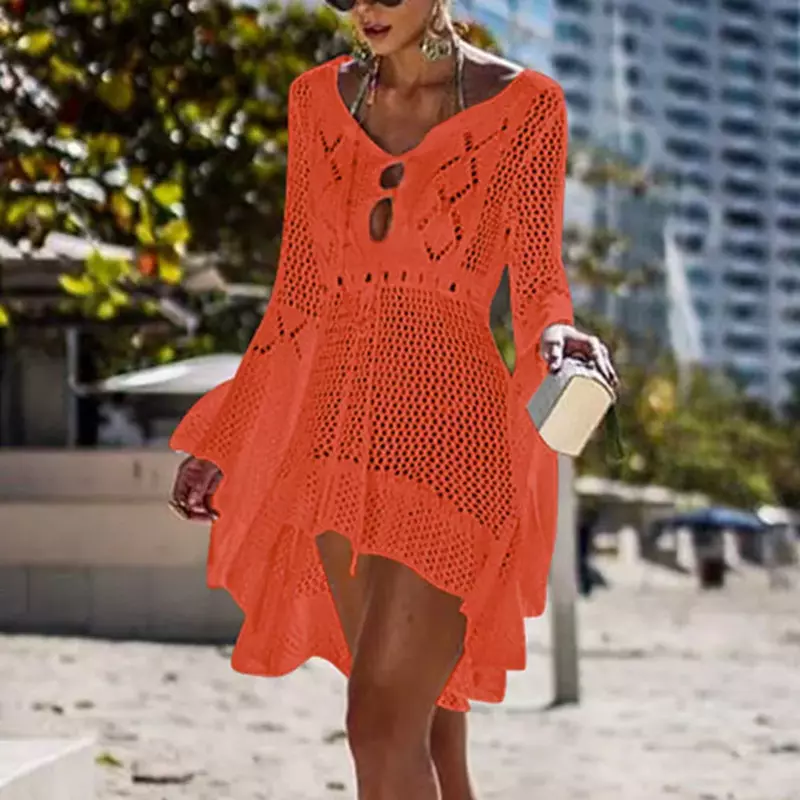 2021 Beach Cover Up Crochet Knitted Tassel Tie Beachwear Tunic Long Pareos Summer Swimsuit Cover Up Sexy See-through Beach Dress