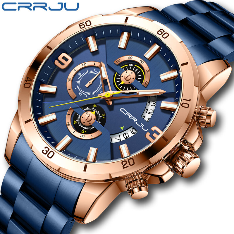 CRRJU Blue Rose Multifunctional Timepiece Men Watch IP Stove High-end Electroplating Solid Stainless Steel Strap 30M Waterproof