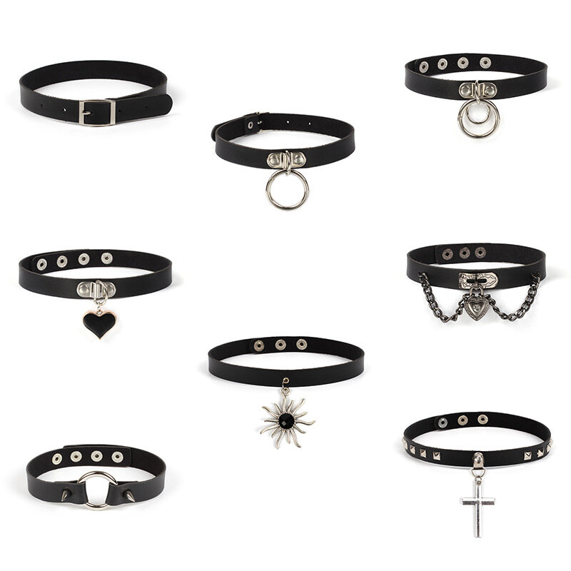 Novo gótico punk gargantilha de couro colar para mulheres adolescentes meninas rebite coração colar cruz colar rock moda jóias presentes