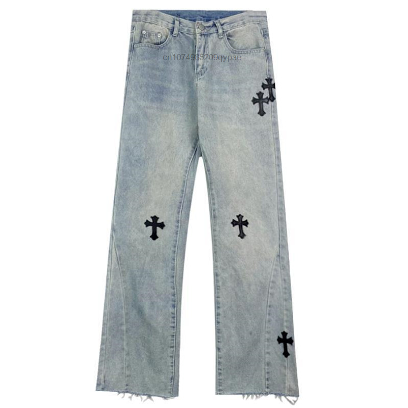 Nuovi pantaloni Cargo Y2k per donna Jeans con cuori incrociati cromati ricamati pantaloni larghi Oversize pantaloni larghi da pavimento Slim a gamba larga
