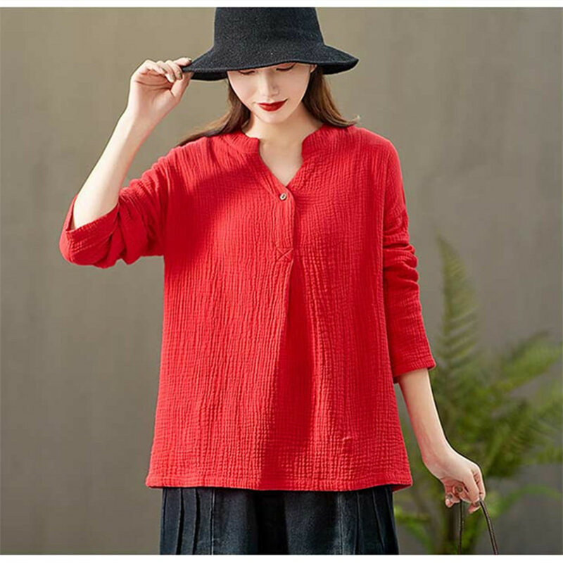 Women Summer Cotton Blouse Solid V-Neck Button Long Sleeves Tops Feminina Blusas Loose Shirts 12 Color