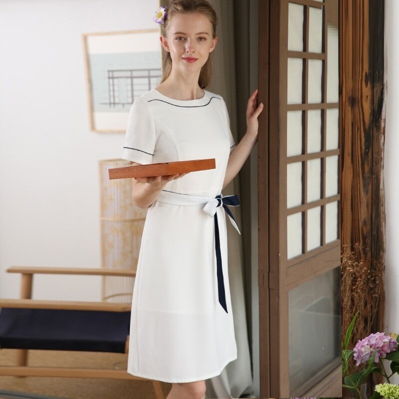 Robe d'esthéticienne blanche à manches courtes pour Salon de beauté, mode coréenne, vêtements de travail cintrés pour femmes, uniforme de SPA, 2023
