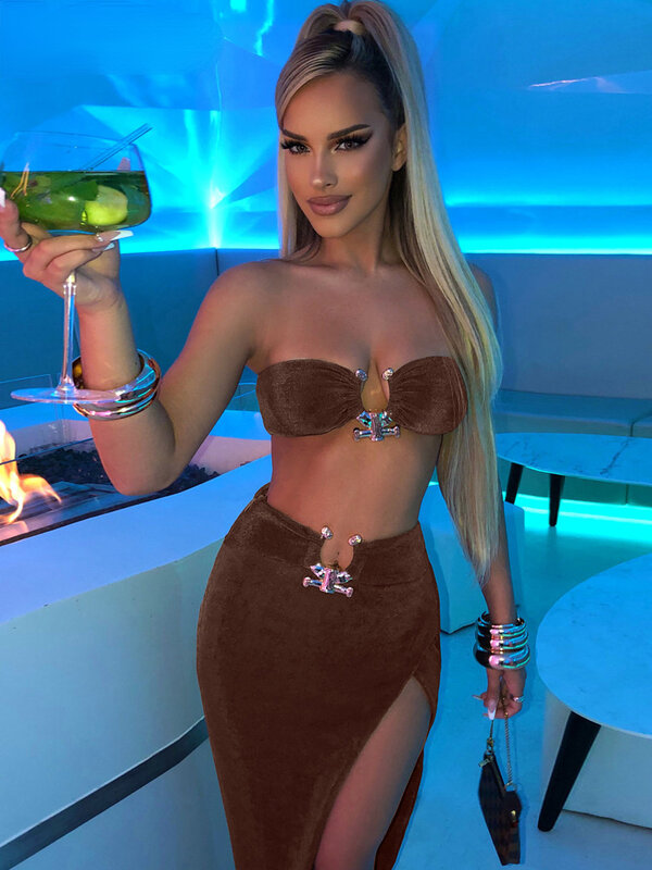 Two Piece Set Outfits Women Off Shoulder Tube Crop Tops Slit Long Skirt Suit 2022 Summer Vacation Party Club Midi Dresses Sets