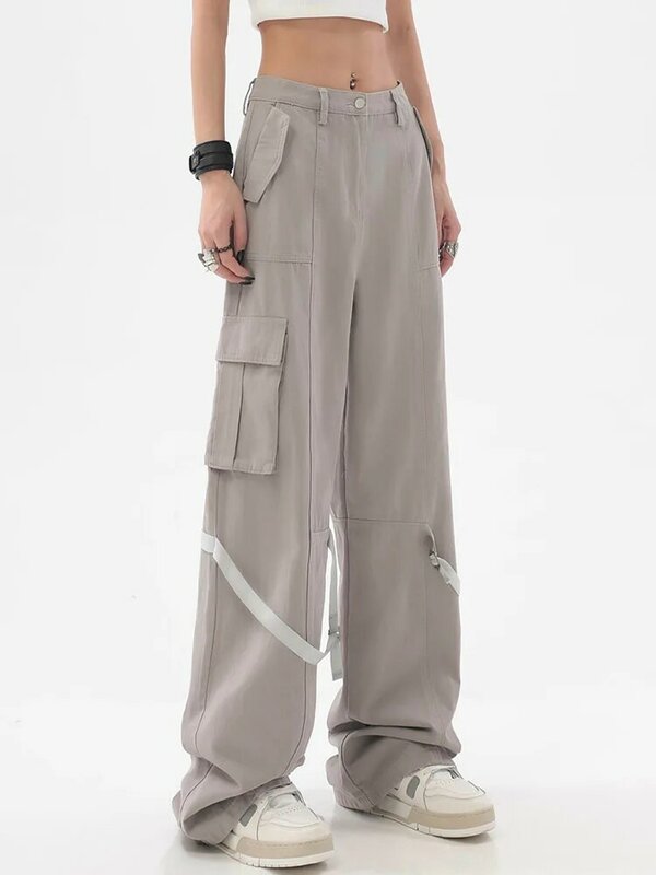 2022ฤดูใบไม้ร่วง Vintage High Street Baggy กางเกงผู้หญิงคาร์โก้ Y2k Streetwear หลวมขากว้างกางเกงสตรีแบบสบายๆตรงกางเกง