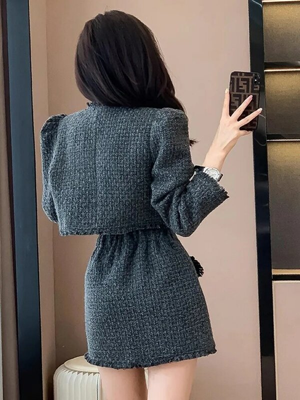 Temperament Fashion Small Fragrant Two Piece Tweed Outfits 2023 Fall New Puff Sleeve Short Coat And Mini Skirts Fashion Clothes