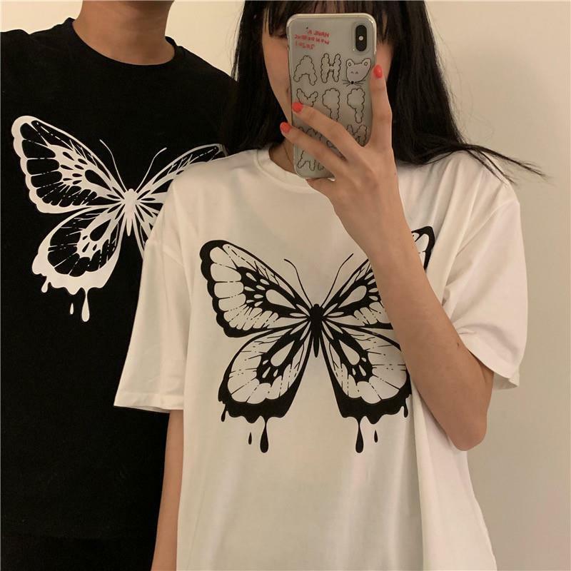 Y2k Harajuku Tee Zomer Ins Amerikaanse Retro Paar Unisex Tops Vlinder Patroon Afdrukken Korte Mouwen Gothic Streetwear T-shirt