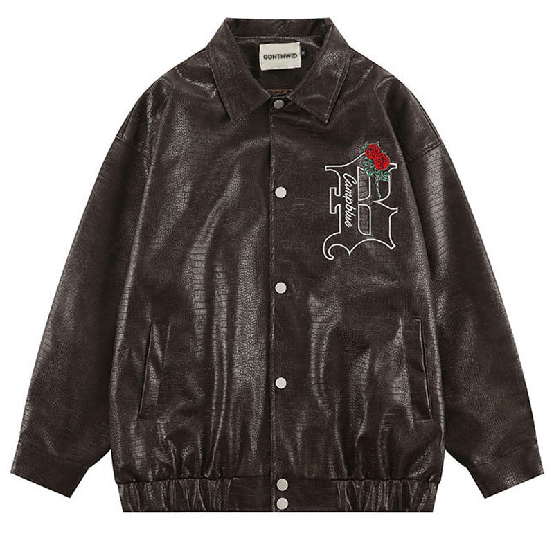 Vintage Faux Leather Motorcycle Jacket Hip Hop Embroidery Floral Letter Biker Windbreaker Bomber Jacket Casual Coat Black Brown