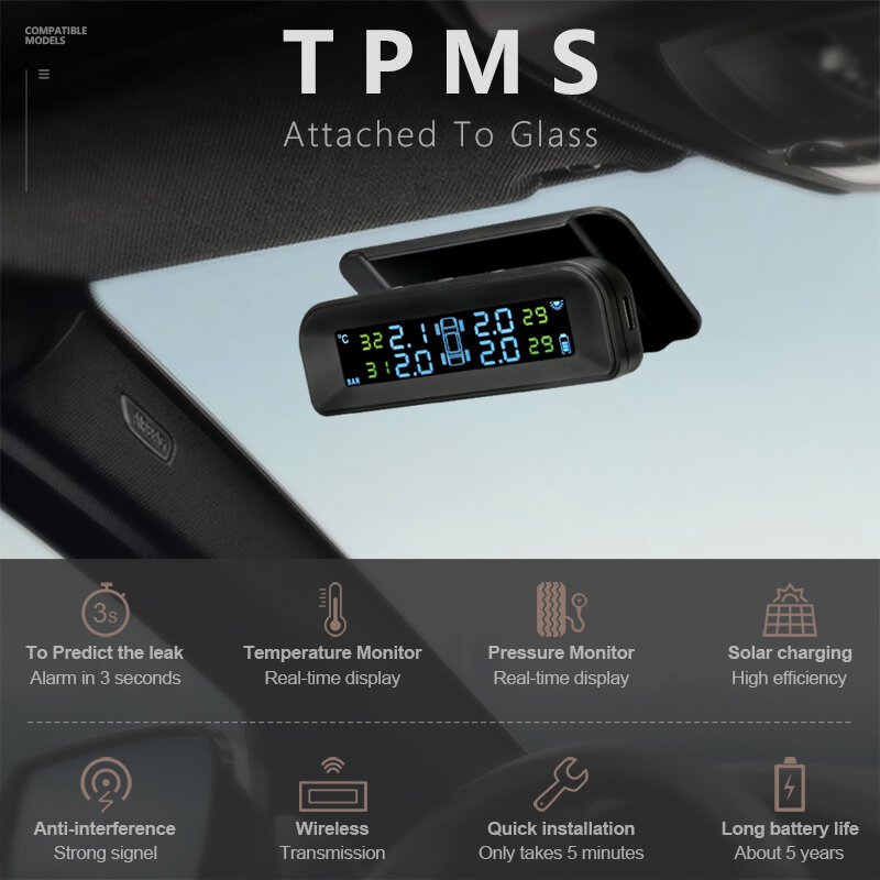 Sistema do monitor da pressão dos pneus do carro de jansite tpms multi-ângulo ajustável unido a energia solar sem fio de vidro tpms com 4 sensores