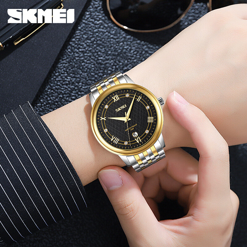 أفضل ماركة SKMEI قسيمة الساعات موضة الصلب فستان ساعة اليد للنساء رجل التقويم عرض ساعة كوارتز ساعة أصلية هدية