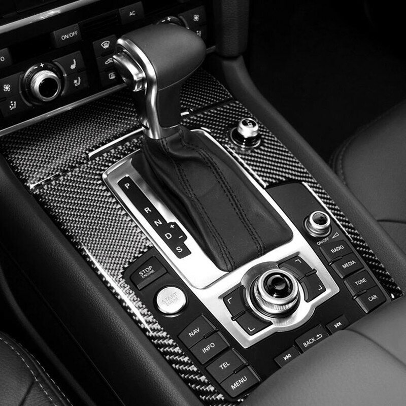 Carbon Fiber Console CD Panel Decoration Gear Shift Cover Trim For Audi Q7 2008-2015 Interior Door Armrest Buttons Frame Sticker