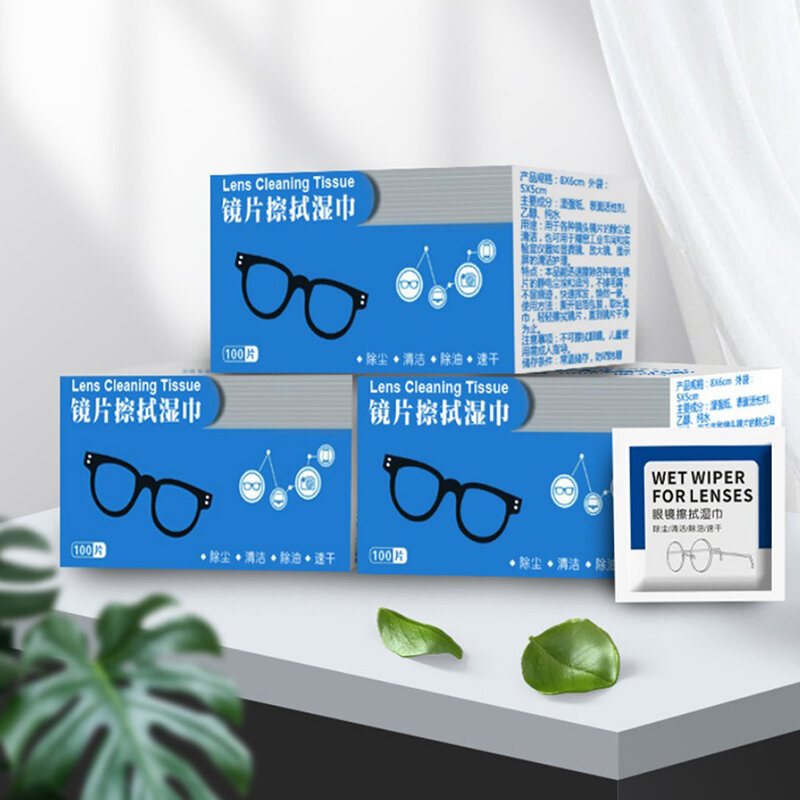 100 pcs/box óculos mais limpo limpeza molhada descartável anti névoa removedor de poeira limpeza lente toalhetes óculos de sol tela do telefone