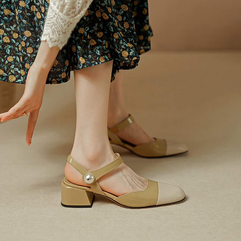Sandalias de piel de vaca para mujer, zapatos con tacón grueso simple y punta cuadrada, 22-2022 cm, novedad de verano, 24,5