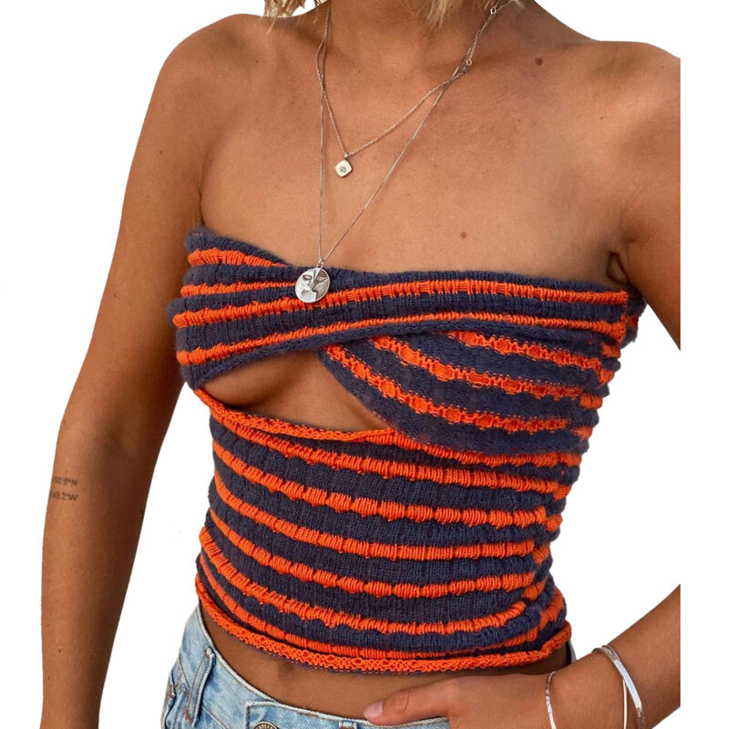 2022 Strapless Knitted Bandeau Tube Crop Top Vest Women Hollow Out Sleeveless Summer Autumn Backless Y2k Tank Vintage Fashion