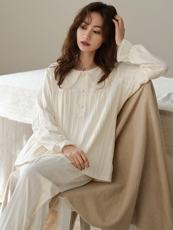 Piyama Katun 2022 Putih 100% Set Pakaian Tidur Wanita Pakaian Rumah Lengan Panjang Musim Semi untuk Wanita 2 Potong Pakaian Tidur Piyama Wanita