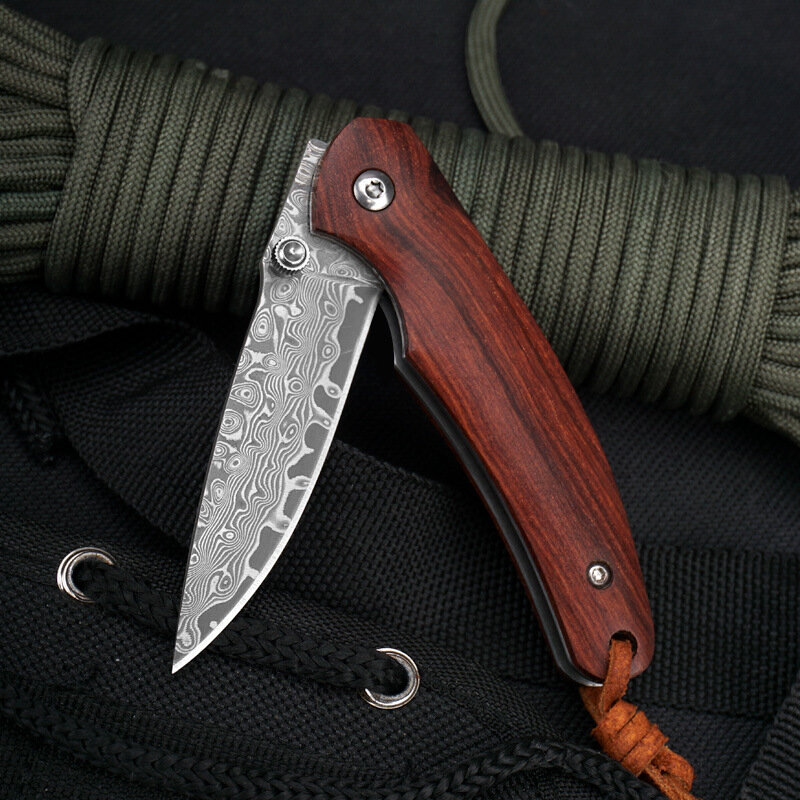 Damascus Steel Tactical Folding Knife Red Sandalwood Handle Outdoor Camping Safety Defense Pocket Knives Backpack EDC Tool