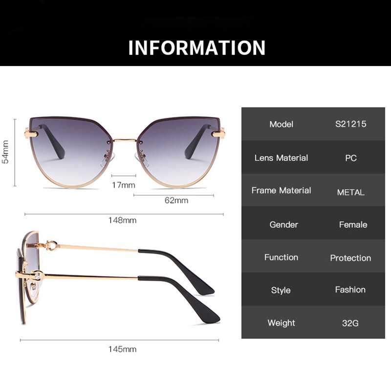 Oversized cat eye óculos de sol feminino 2022 marca de luxo designer moda sem aro cateye óculos de sol senhoras retro sem moldura