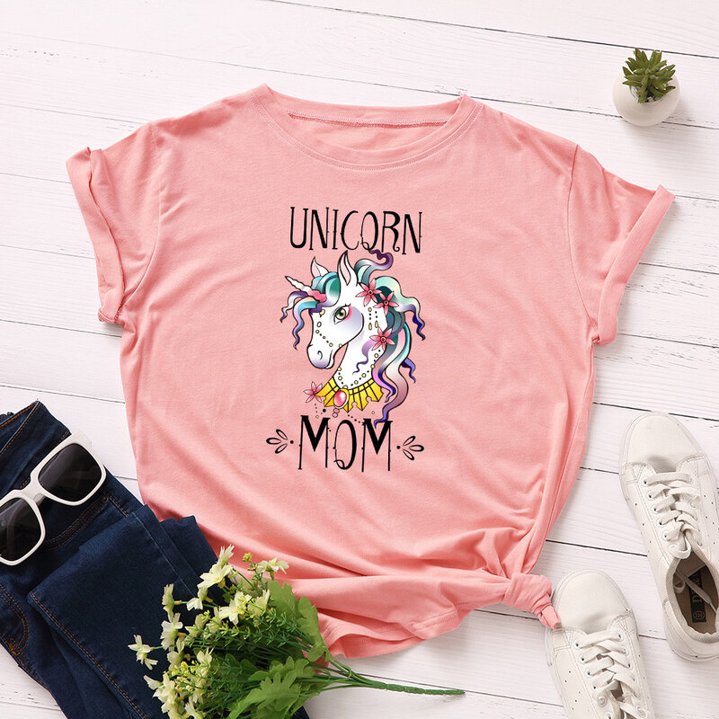 Kaus Wanita Cetak Ibu Unicorn Kaus Wanita Longgar Leher O Lengan Pendek Kaus Wanita Atasan Pakaian Camisetas Mujer