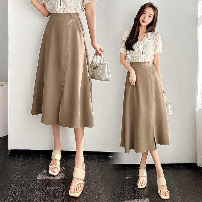 Long Skirt With Side Split A-line High-waisted Women Midi Skirts Office Ladies Elegant Fashion Black Skirt 2022 Spring Summer