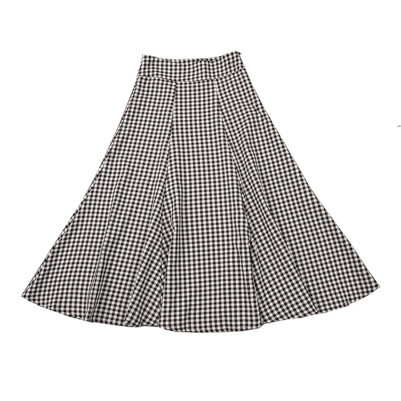 Wisher&Tong 2022 Spring Women Skirts Korean Style High-waisted Plaid Skirt Midi Vintage Retro A-line Party Long Lush Skirt Black