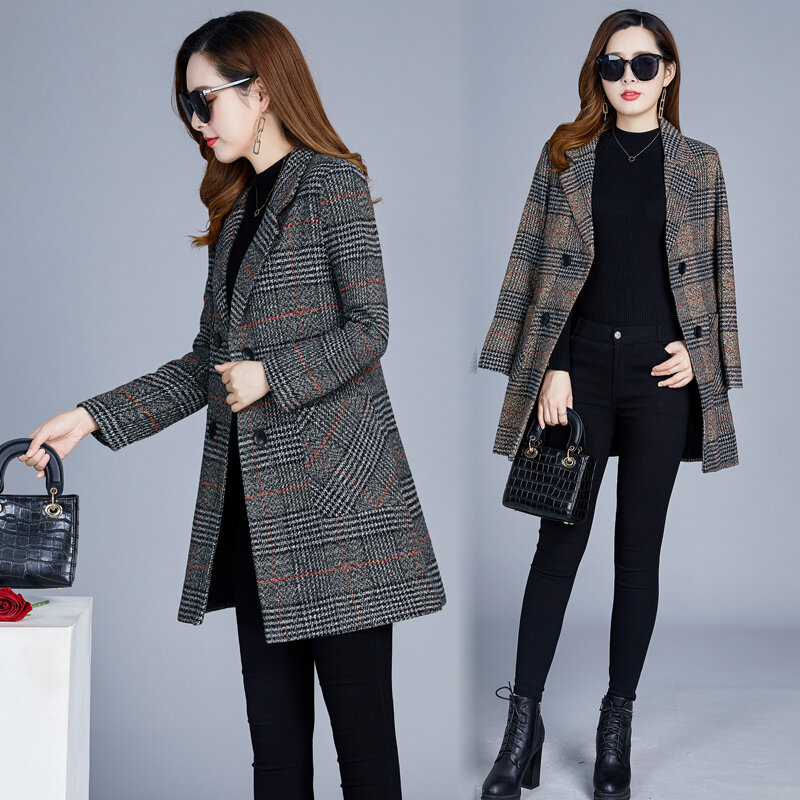 2022 New Women's Autumn and Winter Coat Korean Edition Thickened Slim Long Sleeve Versatile Suit Women's Top Woolen Plaid Suit C