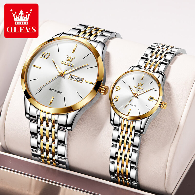 OLEVS wodoodporne automatyczne mechaniczne zegarki dla pary ze stali nierdzewnej stalowy pasek mody w pełni automatyczny zegarek para