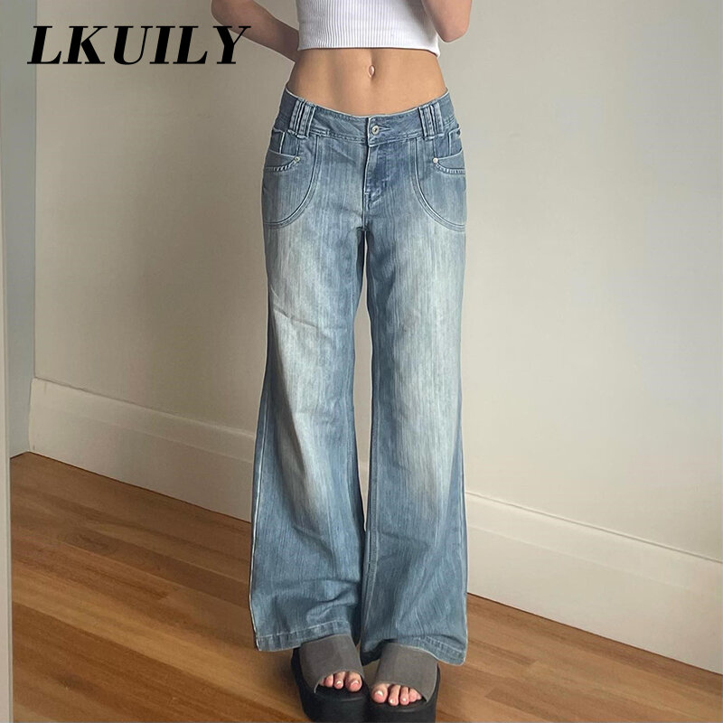 Jeans retrô de cintura média feminina, Y2K Streetwear, calça reta folgada, roupa casual solta, estética, sólida, moda feminina