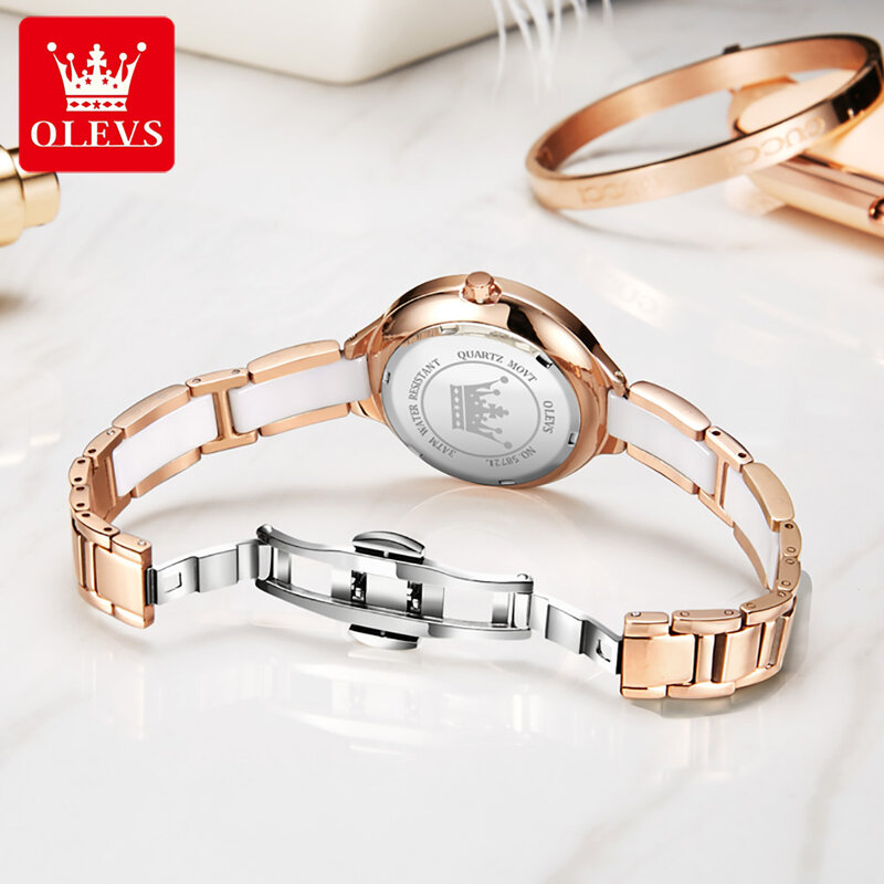 Olevs pulseira de aço inoxidável relógio de moda para mulher à prova dwaterproof água quartzo cerâmica alta qualidade