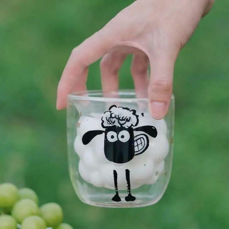 Cute Cartoon Shaun The Sheep Double Glass 300Ml Cold Drink Cup Coffee Mug Cute Milk Juice Cup Best Gift for Festival