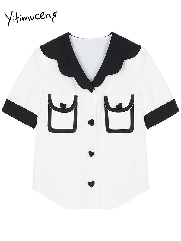 Ytimuceng Button Up Shirt White Blouse Women 2022 Ladies Tops Clothes Korean Fashion Young Style Spliced Sailor Collar Summer