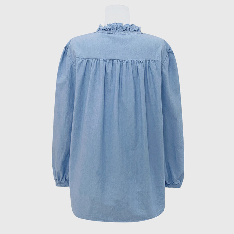 Woemn koszula jednolity niebieski V Neck z długim rękawem luźny francuski Retro leniwy wiatr styl Denim koronkowy Top Blusas Mujer De Moda 2022 Verano