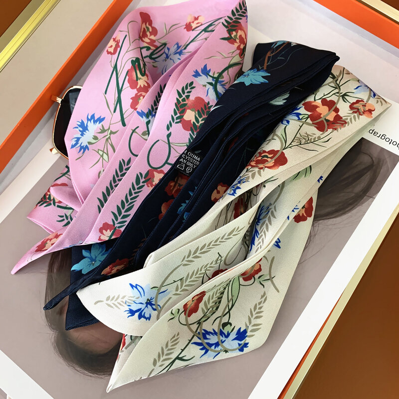Marca saco cachecol flor impresso feminino de luxo senhoras bandana acessórios longo pequeno design roupas acessórios gravata