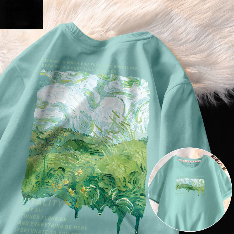 홍콩 스타일 반팔 남성 코튼 100 오버 사이즈 넉넉한 대형 사이즈, 남성 타이드 브랜드 반팔 여름 신제품 녹색 티셔츠