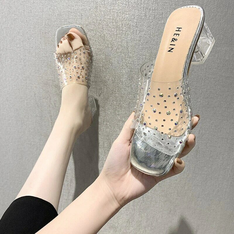 2022 moda pvc transparente strass chinelos mulheres sexy salto alto praça toe senhoras sapatos rasas sandálias chinelos