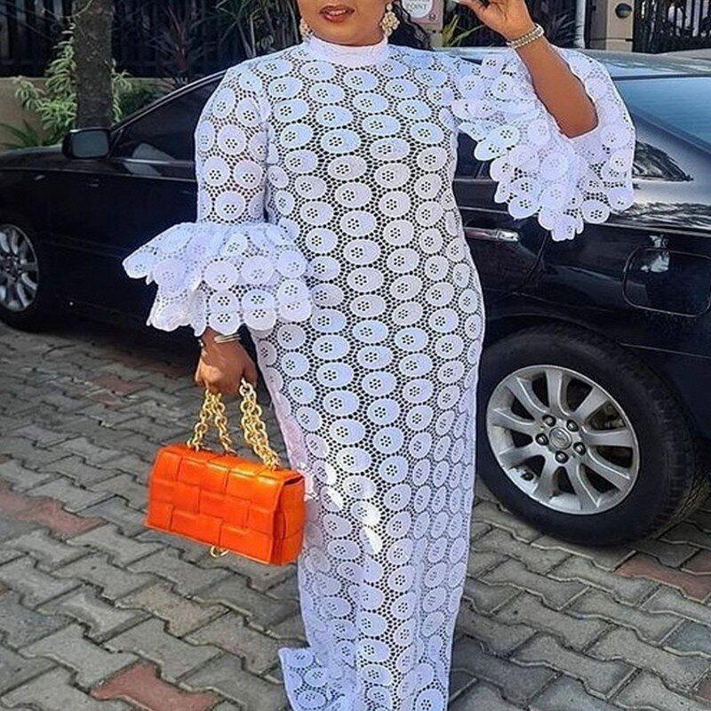 Robe africaine longue en dentelle blanche pour femmes, grande taille, Maxi, élégante, fête, Ankara, vêtements africains, printemps, 2022