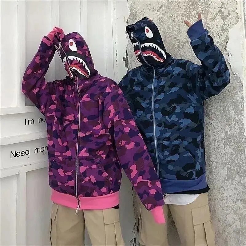2022bape tubarão hoodie moda hip hop camuflagem casal moletom com zíper oversize hoodies feminino outono inverno com capuz