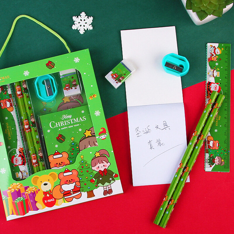 Set de 6 artículos de papelería de Navidad para niños, suministros escolares de dibujos animados bonitos, regalo de cumpleaños, juego de regalo de papelería para niños