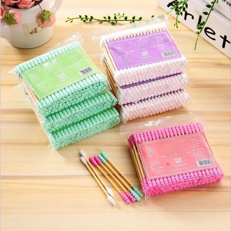 100 Pcs/Pack Colorful Double Head Cotton Swab Sticks Female Makeup RemoverCotton Buds Tip For Medical Nose Ears Cleaning